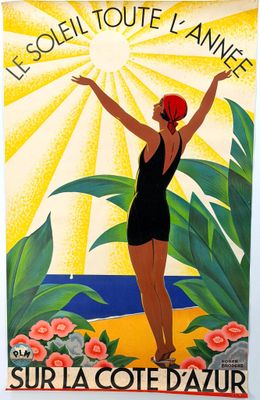 vintage french travel poster of a woman in a bathing suit on the beach