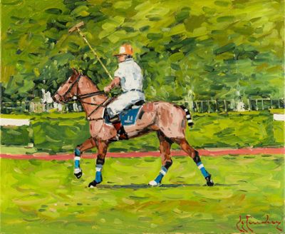 tableau représentant un joueur de polo à cheval dans un champ verdoyant