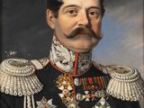 un vieux tableau représentant un homme en uniforme militaire, portant une moustache