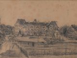 dessin au crayon représentant une maison, avec un étang au premier plan et des arbres à l'arrière-plan
