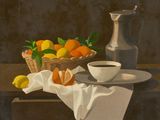a painting of a bowl of oranges next to a bowl of lemons