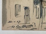 a picture of a painting of a building with a clock on it