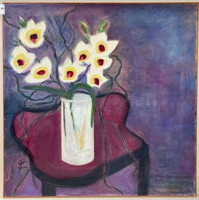 C. VAN ? Vase à fleurs sur un entablement.