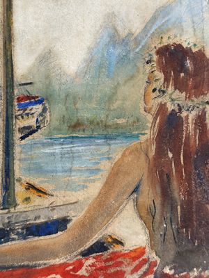 a painting of a woman sitting on a red blanket