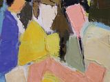 painting of a group of people standing around each other in a room