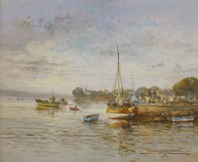 un tableau représentant des bateaux sur l'eau près d'un embarcadère