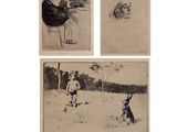 trois dessins représentant un homme et un chien dans un champ