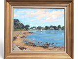 an oil painting of a beach scene with a sailboat in the water