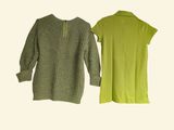 two women ' s sweaters are lined up against a white background