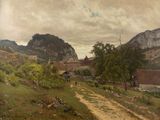 a painting of a dirt road in the middle of a field