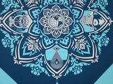 a picture of a blue and white table cloth with a picture of the eiffel tower on it