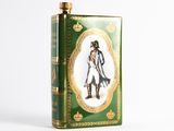 the book is green with gold trimming and a picture of a man in a coat