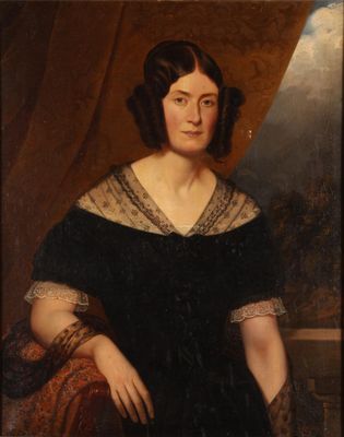a painting of a woman in a black dress sitting on a chair