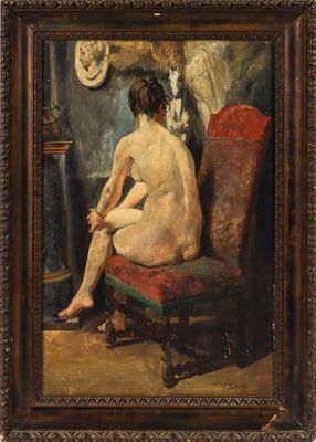 an image of a painting of a nude woman sitting on a red chair