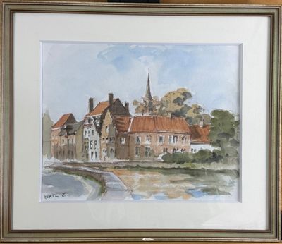 aquarelle encadrée représentant un village avec une église en arrière-plan