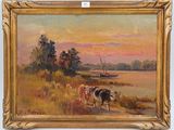 an oil painting of cows walking along a path near a body of water