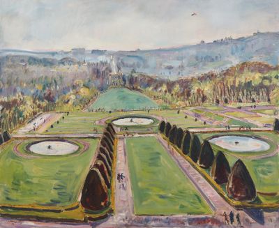 tableau représentant une vue d'un parc avec un étang et un parc