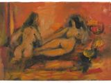 peinture de deux nus assis sur un lit avec un vase de fleurs