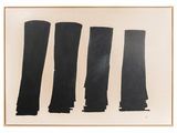 trois taches de peinture noire sur fond blanc, bordées de brun