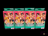three boxes of one piece card game on a black background
