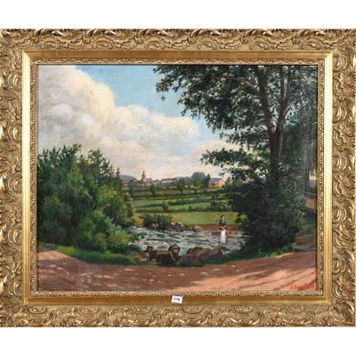 un tableau représentant un paysage avec une rivière au premier plan et des arbres au premier plan