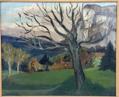 an oil painting of a tree in a field with mountains in the background