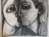 drawing of a woman and a man in a black and white picture