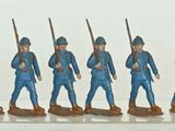 five figurines of men dressed in blue uniforms