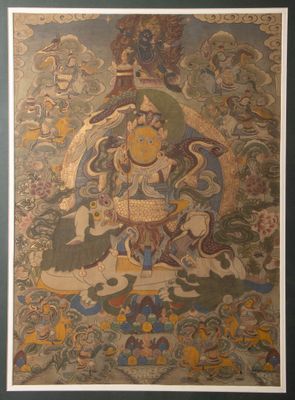 framed and matted picture of a painting of a person in a lotus position