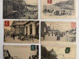 plusieurs vieilles cartes postales représentant des gens marchant dans une rue où circulent des chevaux et des calèches