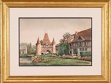 painting of a castle with a garden in front of it and a house in the background