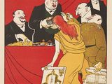 une image représentant une affiche vintage montrant un groupe d'hommes assis à une table
