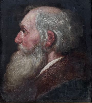 un tableau représentant un homme à la longue barbe blanche et vêtu d'un manteau marron