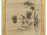 chinese ink painting of a man carrying a basket of flowers