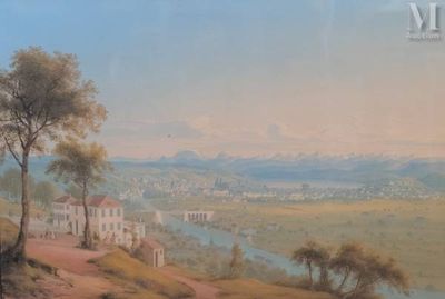 a painting of a view of a town from a hill