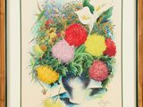 painting of a vase of flowers in a wooden frame on a wall