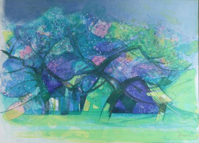 a painting of a group of trees in a field