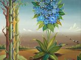 an image of a painting of blue flowers in a desert
