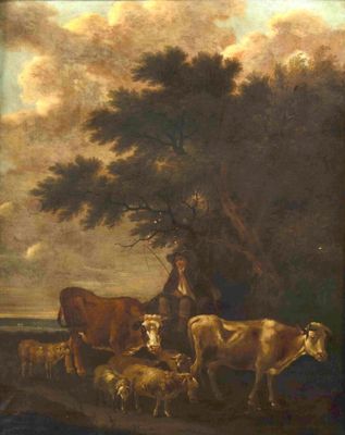 painting of a man with a herd of cattle in a wooded landscape