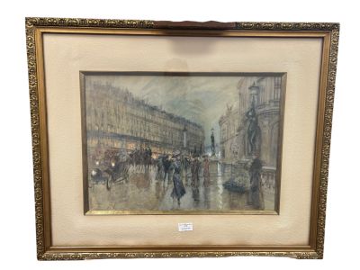an image of a painting of a city street with people walking in the rain