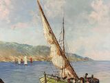 a painting of a green boat on the water