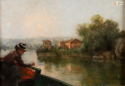 un tableau représentant une femme assise sur un bateau au bord de l'eau