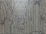 dessin représentant l'intérieur d'une cathédrale avec des colonnes et des arcs