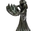 bronze statue of a woman holding a fan on a wooden base
