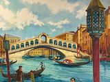 tableau représentant des gondoles sur un canal, avec un pont en arrière-plan