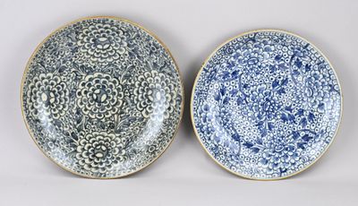 deux assiettes bleues et blanches ornées de motifs sur fond blanc