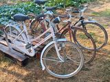 many bikes that are parked on a wooden bench