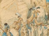 painting of a group of people walking in front of a building