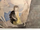 a watercolor painting of a woman and a horse