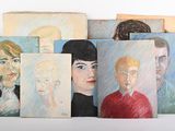 many paintings of people that are on a white surface